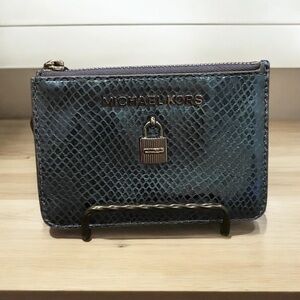 Michael Kors Teal Blue Snakeskin card case with gunmetal key chain